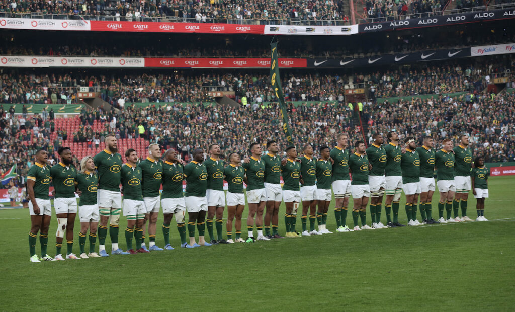 The Springboks line up for the national anthem. Photo: Samuel Shivambu/BackpagePix