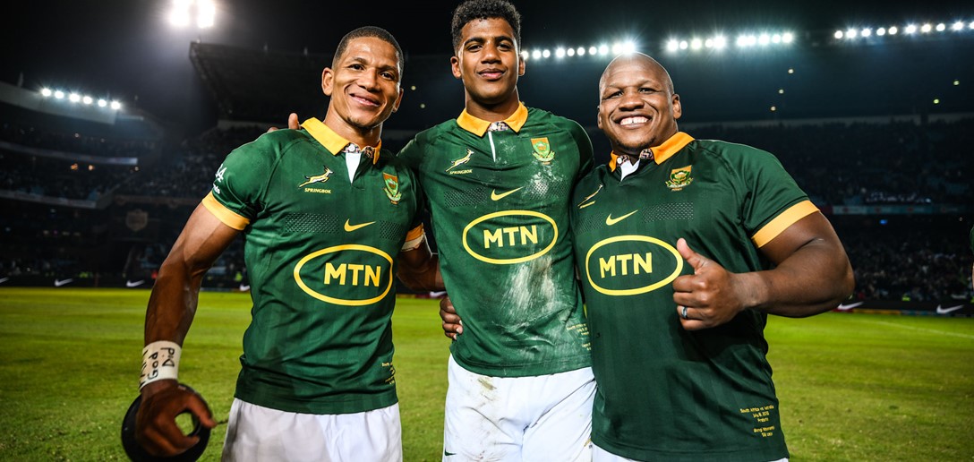 rugby wêreldbeker Manie Libbok, Canan Moodie en Bongi Mbonambi. Foto: SA Rugby webwerf