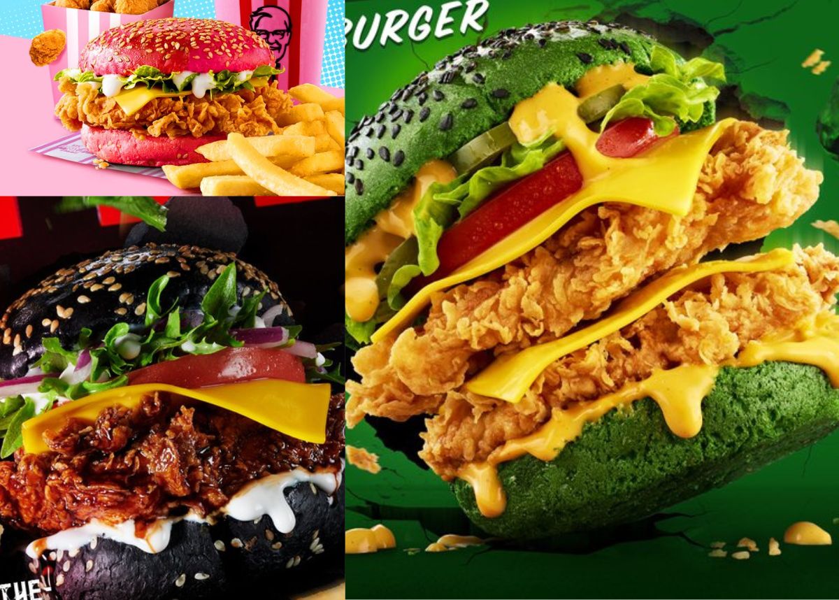 KFC limited edition green, black and pink burgers