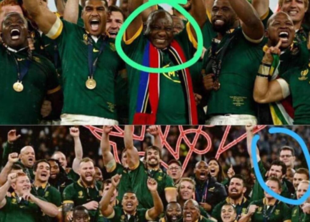 Cyril Ramaphosa with Springboks in France.