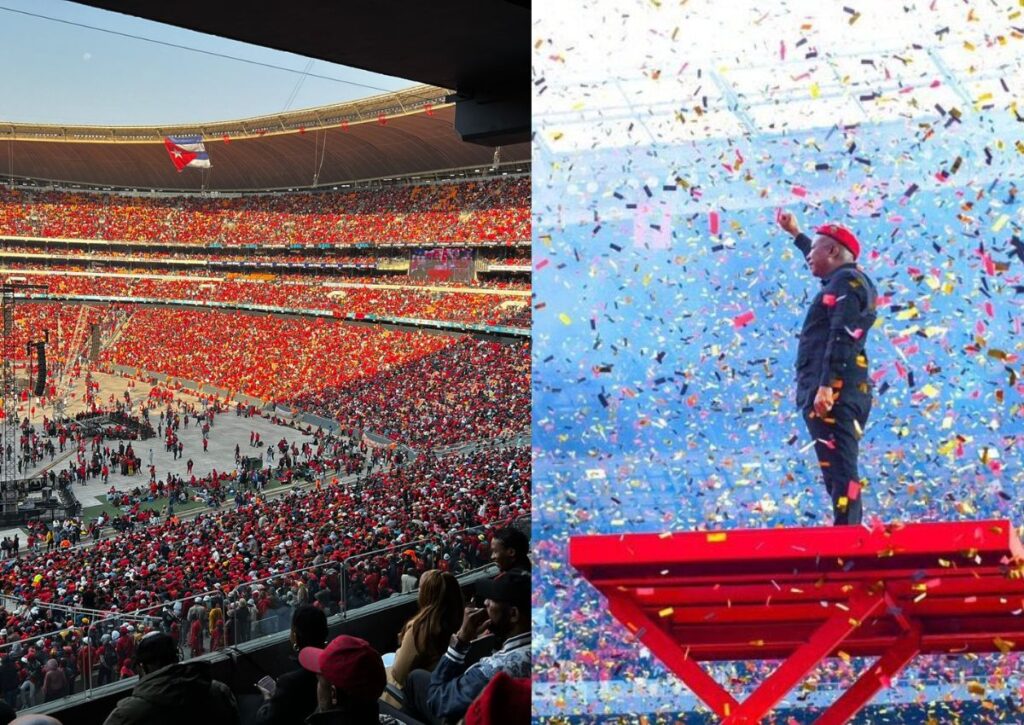 Julius Malema van die EFF is geprys omdat hy die FNB-stadion vol gevul het. Beelde via Twitter: @EFF