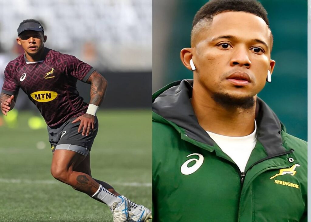 Elton Jantjies in aksie op die rugbyveld, wat sy uitsonderlike vaardighede en vasberadenheid ten toon gestel het wat tot sy Springbok-sukses gelei het. Beeld: Instagram via @eltonjantjies