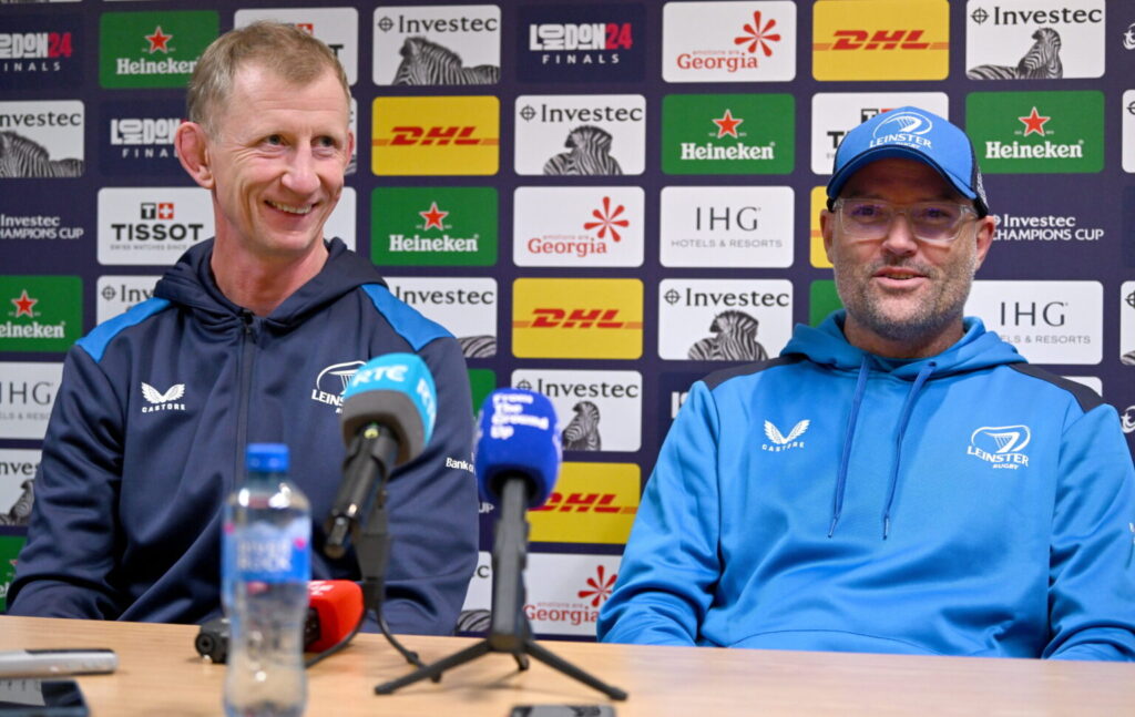 5 Desember 2023; Hoofafrigter Leo Cullen, links, en senior afrigter Jacques Nienaber tydens 'n Leinster Rugby mediakonferensie by UCD in Dublin. Foto deur Brendan Moran/Sportsfile