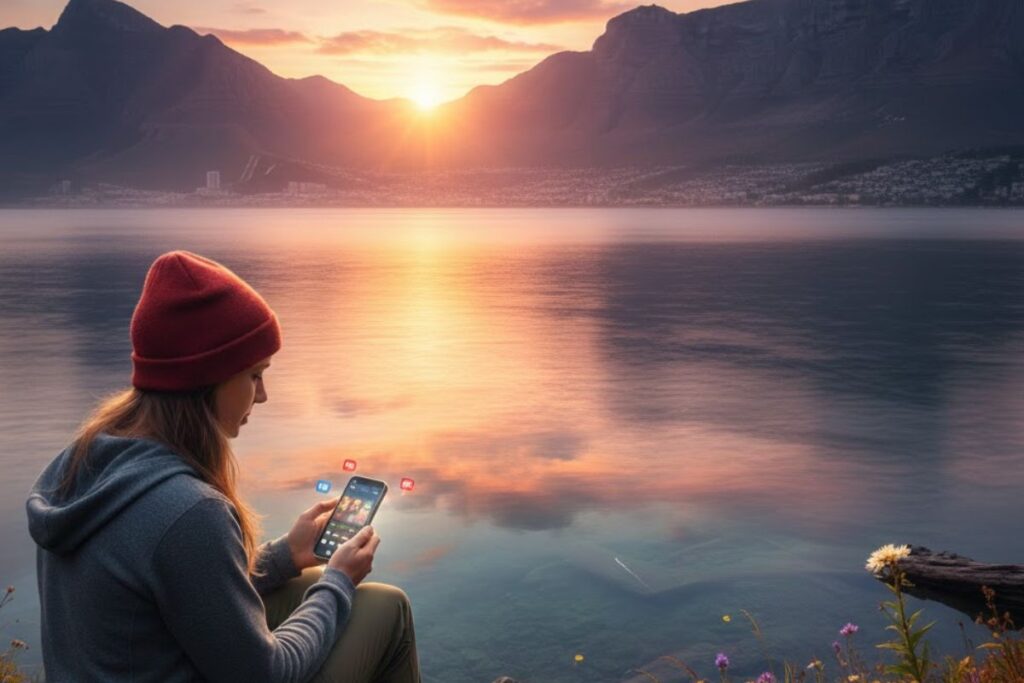 n Vrou wat sit voor n pragtige uitsig, maar kyk af op haar foon. Beeld: Gemini AI