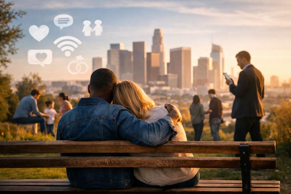 'n Paartjie wat mekaar vashou op 'n bankie voor 'n mooi uitsig.