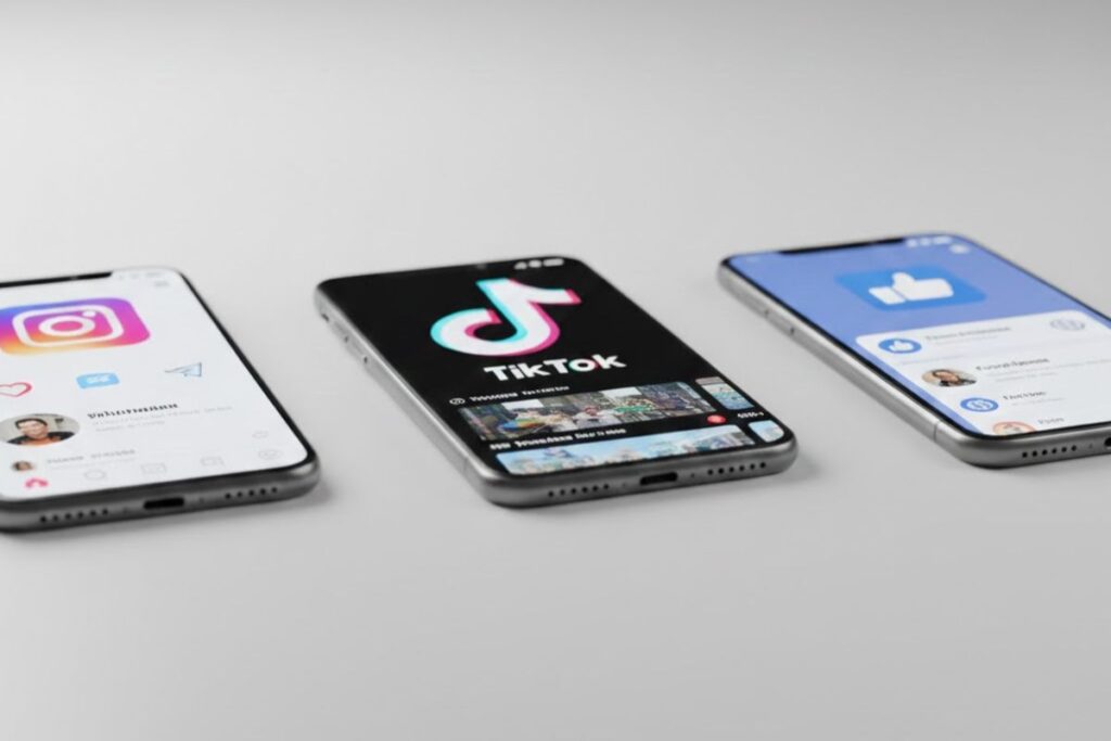 Drie fone, elk met n sosiale media platform op.