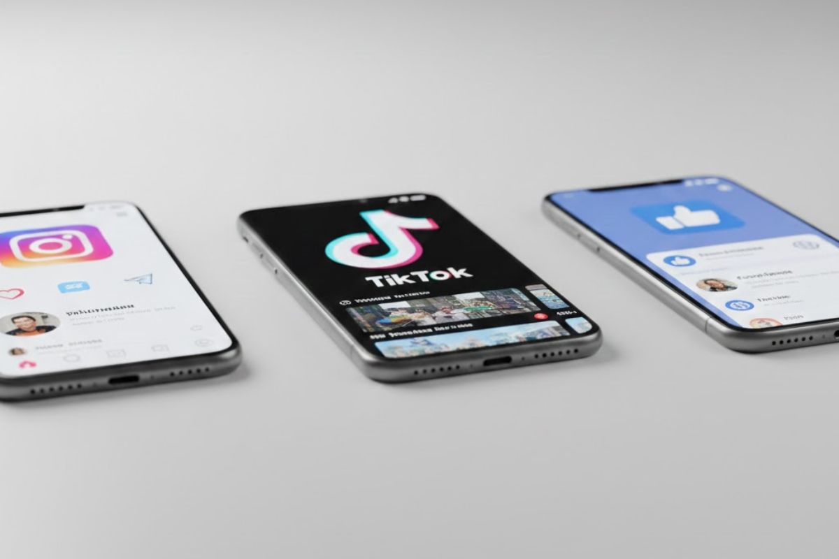 Drie fone, elk met n sosiale media platform op.