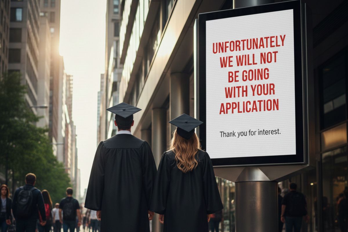 Studente wat kyk na n teken wat se hulle aansoek was onsuksesvol